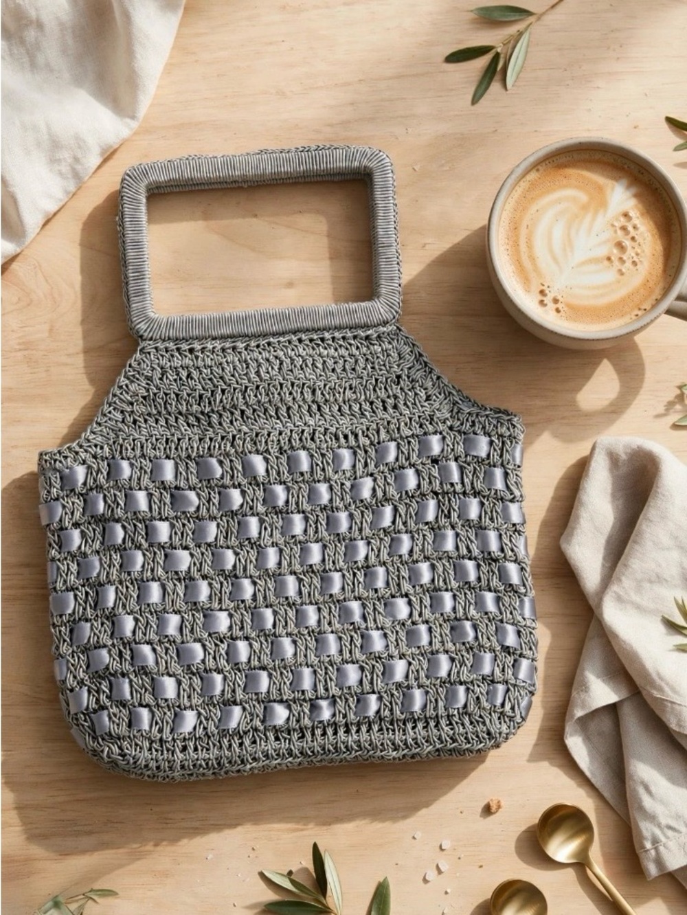 Stylish 90’s Gray Handbag with Handle crochet and ribbon Frankie-Jonnie NWT